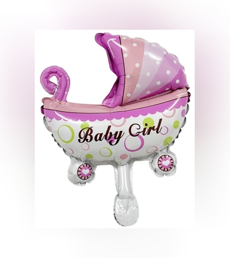 Balon din Folie Metalizata, Flippy, Mini Figurina, Model Carucior Bebelus, Tematica Gender Reveal, 39x29 cm, Ambalaj Individual, Pai Inclus, Umflare cu Aer sau Heliu, Roz