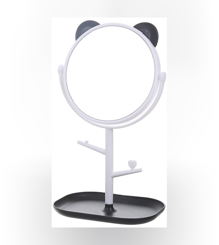 Oglina Cosmetica cu Picior, Flippy, HD, Rotire 360 Grade, 15 cm Diametru, Suport Bijuterii Baza + Brate, Model cu Urechi, 30 x 16.5 x 15 cm, Alb/Negru