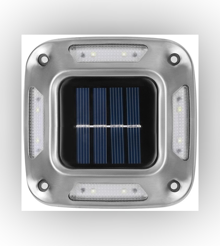 Lampa solara LED pentru gradina Flippy, 8 LED-uri, prindere de perete sau impamantare, IP65, forma patrat, material ABS si Policarbonat, 9 x 9 cm, baterie 1.2V, 600 mah, alb rece