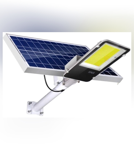 Proiector LED pentru stalp, casa, perete cu suport metalic inclus, Flippy, 38,5 cm x 14,2 cm, Rezistent la Apa IP65, cu Panou Solar, 240 COB LED, 100 W, Senzor de lumina, Timer, cu Telecomanda, intensitate reglabila, kit montaj inclus, Lumina Rece