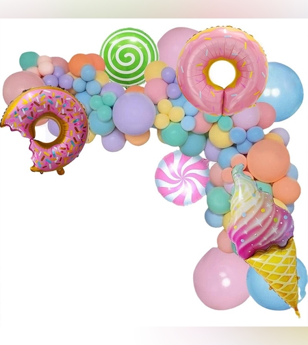Set 124 Baloane, Flippy, din Latex si Folie de Aluminiu, Model Candy, Diferite Marimi, Multicolor
