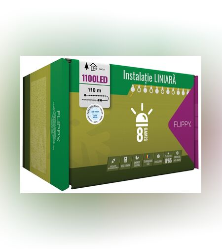 Instalatie Craciun Profesionala de Exterior IP65, 110 m, 1100 Led-uri Mari ,Liniara, Alb rece, Interconectabila, Prelungitor 1.5 m inclus, Fir Negru, Flippy