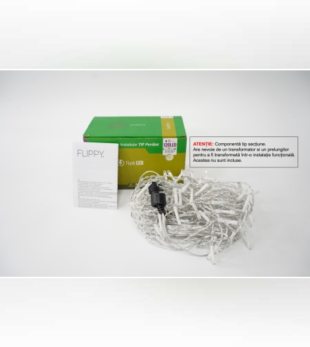 Instalatie de Craciun Flippy® Tip Perdea cu Flash, Sectiune 2 X 1 m, 120 LED-uri, Interconectabila, Fir Transparent, Alb Cald