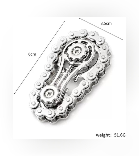 Jucarie Fidget Spinner Premium Anti Stres, Flippy, Giroscop din Aliaj, Jucarie din Metal de decompresie, forma Lant de Angrenaj de Bicicleta, 6 x 3.5 cm, Argintiu