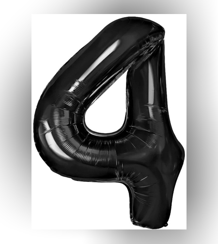 Balon din Folie Metalizata Flippy, Figurina Cifra, Tema Aniversare 40 cm, Ambalaj Individual, Pai inclus, Umflare cu Aer sau Heliu, Negru, Cifra 4