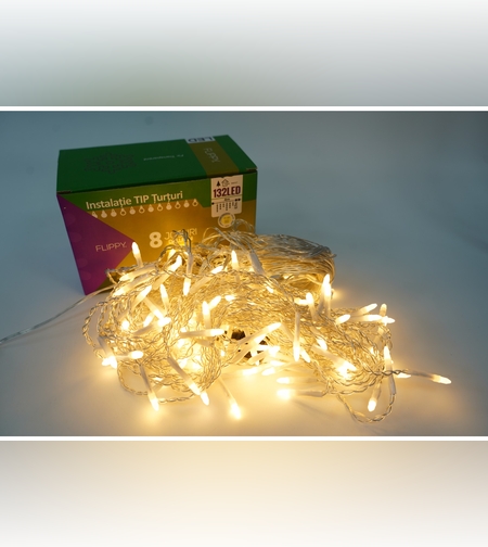 Instalatie de Craciun Flippy® Tip Turturi, 8 jocuri de lumini Sectiune 4 m, 132 LED-uri, Interconectabila, Fir Transparent, Alb Cald