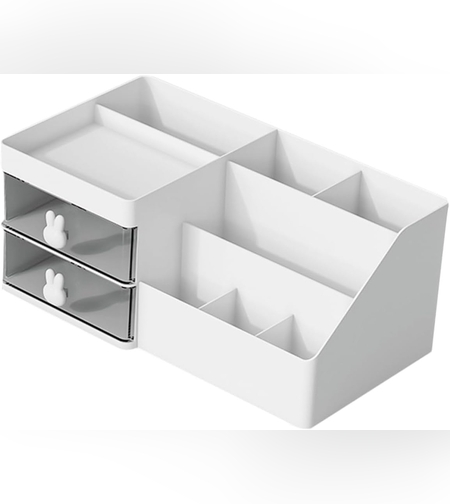 Cutie de Depozitare pentru Birou, Flippy, Pentru Makeup, Papetarie, Organizator Cosmetice, 2 Sertare si Compartimente Multiple, Model Iepuras, Plastic, 27.5x15.5x12 cm, Alb
