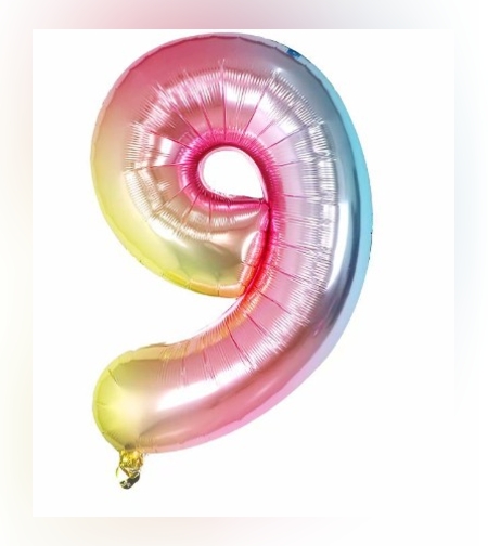 Balon din Folie Metalizata Flippy, Figurina Cifra, Tema Aniversare 40 cm, Ambalaj Individual, Pai inclus, Umflare cu Aer sau Heliu, Multicolor, Cifra 9