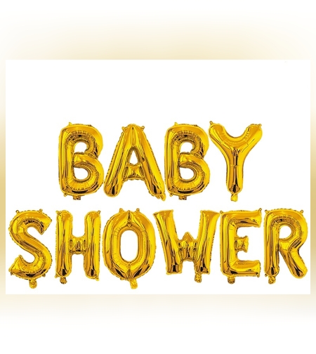 Set Baloane din Folie Metalizata, Flippy, Model Baby Shower, Litere de 40 cm, Baloane Party, Ambalaj Individual, Pai, Ata si Adeziv Incluse, Umflare cu Aer sau Heliu, Auriu