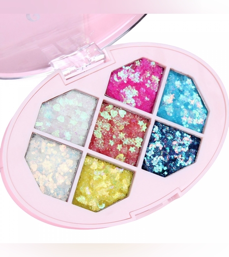 Paleta cu Glitter, Flippy, Varianta 1, 7 Nuante, Pentru Corp si Par, 50 g, Rezistent la Apa, 9.8 x 6.8 cm, Multicolor