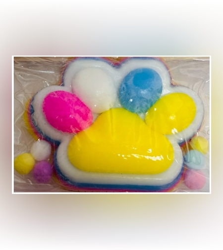 Jucarie Antistres Squishy, Flippy, cu Revenire Lenta, Model Labuta de Pisica Pufoasa, 220g, 12.5 x 10.5 cm Squeeze Pinch Family, Ambalaj Transparent, Galben-Multicolor