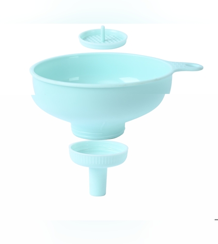 Palnie din plastic 3 in 1 Flippy, doua dimensiuni de scurgere, cu filet si filtru, diametru scurgere 5.4 cm, 11.5 x 16.7 cm, albastru