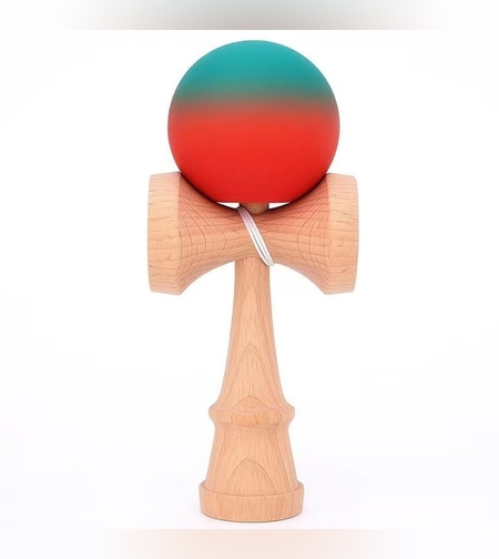 Jucarie Interactiva Kendama, Flippy, Kendama Original Super Sticky din Lemn, 18 cm, Joc de Indemanare pentru Copii si Adulti, Model Gradient Rosu Verde