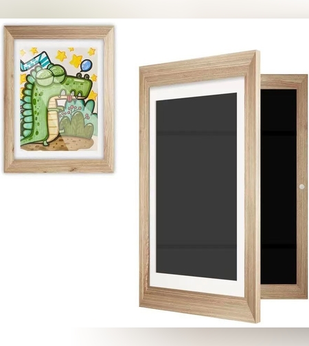 Rama Cutie pentru Foto si Cutie, Flippy, din Lemn, cu Spatiu Pentru Depozitare, Pentru Desene si Picturi A4, Sticla Securizata, 35 x 26 x 4 cm, 530 g, Maro Lemn