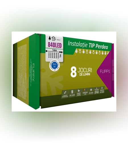 Instalatie Craciun, Tip Perdea, IP44, 14 m x 1 m, 840 LED-uri, Albastru, 8 jocuri de lumini, Transformator, Interconectabila, Prelungitor 5 m inclus, Fir transparent, Interior/ Exterior, Flippy