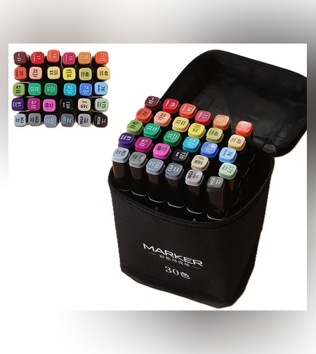 Set 30 Markere, Flippy, pe Baza de Ulei, Dublu Capat, Subtire 1mm si Gros 6 mm, Geanta Depozitare, 15 cm, Multicolor