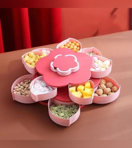 Tava pentru Servire, Flippy, pentru Fructe / Legume / Snackuri, cu Sertare, Deschidere Rotativa, pe 2 Straturi, in Forma de Floare, 26 x 26 x 11.5 cm Roz