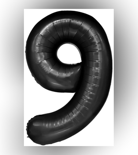 Balon din Folie Metalizata, Flippy, Figurina Cifra, Tema Aniversare 100 cm, Ambalaj Individual, Pai inclus, Umflare cu Aer sau Heliu, Negru, Cifra 9
