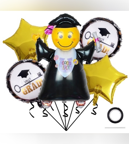 Baloane cu tematica Absolvire, Flippy, set din 5 baloane, 1 Figurina Absolventa, 2 stele, 2 rotunde, din folie de aluminiu, 70 x 40 cm, Aer si Heliu, Auriu Negru