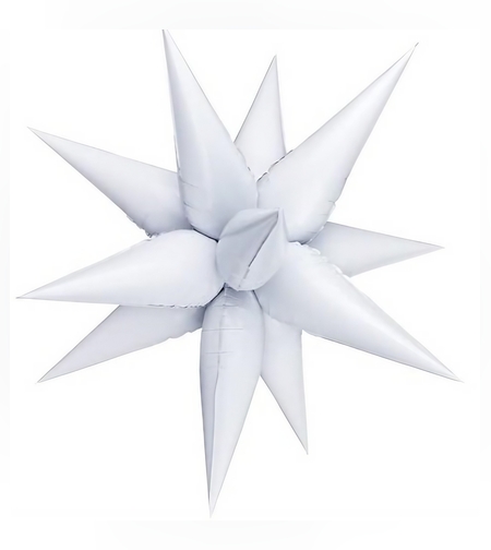 Balon din Folie Metalizata, Flippy, Figurina Stea 3D, 66 cm, Ambalaj Individual, Pai inclus, Umflare cu Aer sau Heliu, Alb