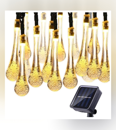 Instalatie Solara 6 m, 28 Led-uri cu Ornament tip picatura de apa, Liniara, Fir negru, Interior, Exterior, Alb Cald