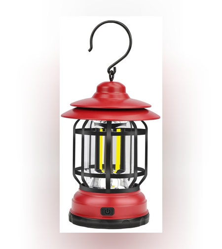 Portable camping light, vintage lantern with hook, ABS, 21 COB LED lighting, adjustable intensity, 5W, reversible, red rechargeable