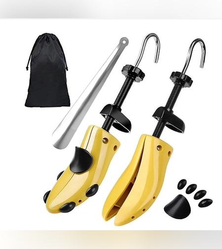 Set 2 Sanuri/Calapoade Reglabilile, Flippy, pentru Alungit si Largit Pantofi, Geanta si Incaltator Incluse, Universale, Unisex, din ABS Premium, Arc, Marime 35 - 42, Galben/Negru