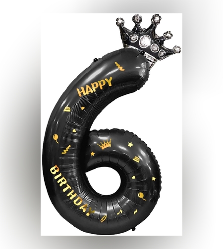 Balon din Folie Metalizata Flippy, Figurina Cifra si Coroana, Scris Happy Birthday, Tema Aniversare 100 cm, Ambalaj Individual, Pai inclus, Umflare cu Aer sau Heliu, Negru, Cifra 6