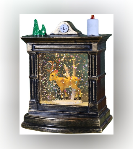 Decoratiune de Craciun tip Semineu / Ceas, Flippy, Glob de Cristal cu Fulgi de Zapada, Model Ren, Iluminare LED, 11.5 x 8.5 x 6.5 cm, Carcasa Vintage Bronze, Transparent