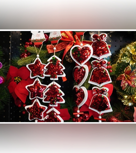 Ornament de brad trei brazi cu paiete, Flippy, rosu, lemn, 36 cm