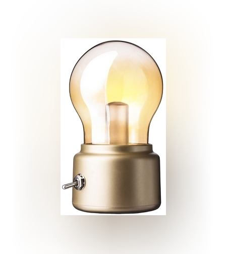 Lampa LED Decorativa sub forma de Bulb, Retro pentru interior, Bej/ Transparent, 5 V, 500 mA, ABS, Lumina Calda, Incarcare USB, Autonimie 12 Ore, Comutator Metalic, Flippy, 11x7x6 cm