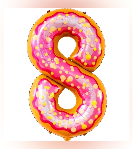 Balon din Folie Metalizata Flippy, Figurina Cifra, Imprimeu Gogosi, Tema Aniversare 100 cm, Ambalaj Individual, Pai inclus, Umflare cu Aer sau Heliu, Multicolor, Cifra 8