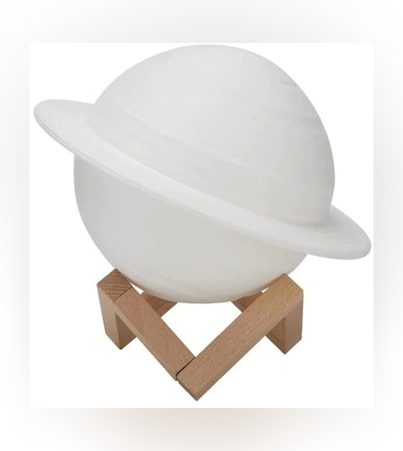 Lampa de veghe in forma de Saturn 3D Saturn Light, alimentare baterii, stand plastic inclus, 15 cm, Flippy, Alb Cald