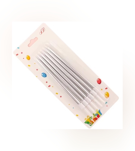 Set 6 Lumanari de Tort, Flippy, din Parafina, 11 x 0.4 cm, Lucioase, Argintiu