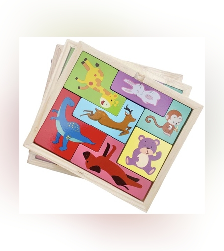 Puzzle din Lemn Flippy, Tip Tetris, +4 Ani, cu Animale Colorate 3D, 7 Piese, Multicolor