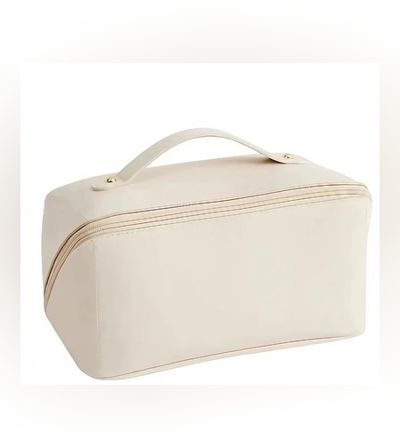 Geanta de Calatorie Flippy, Pentru Cosmetice, Portabila, Impermeabila, din Piele Ecologica, Compartimente Multiple, cu Fermoar, 23 x 11.5 x 10.5 cm, Crem