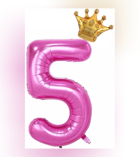 Balon din Folie Metalizata Flippy, Figurina Cifra si Coroana, Tema Aniversare 100 cm, Ambalaj Individual, Pai inclus, Umflare cu Aer sau Heliu, Roz, Cifra 5