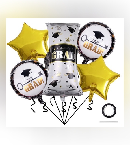 Baloane cu tematica Absolvire, Flippy, set din 5 baloane, 1 Figurina Diploma, 2 stele, 2 rotunde, din folie de aluminiu, 70 x 40 cm, Aer si Heliu, Auriu Negru