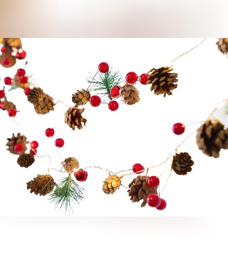 Instalatie Craciun cu baterii, 2 metri, 20 LED-uri tip Ace, conuri de pin si clopotei, Alb Cald, Flippy