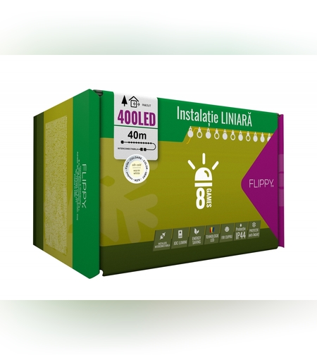 Instalatie Craciun, 40 m, 400 Led-uri ,Liniara, Alb cald, 8 jocuri de lumini, Transformator, Interconectabila, Prelungitor 3 m inclus, Fir Verde, Flippy