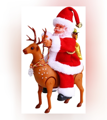 Decoratiune Mos Craciun, Flippy, Animat, care Canta si Danseaza, cu Saculet, pe Ren, Imbracat Festiv, 28x21x10 cm, Rosu