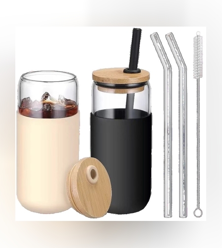 Set 2 Pahare din Sticla Termoizolante Transparente, Flippy, Capace si Paie Incluse, 500 mL, Silicon Negru si Crem