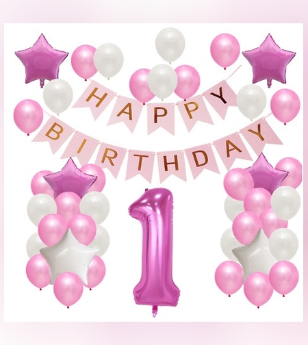 Set Baloane Aniversare HAPPY BIRTHDAY, Flippy, set din 42 bucati, 1 bucata cifra mare, 4 stele din folie aluminiu, 37 simple din latex, Baby Girl, 60 cm Roz