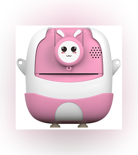 Camera Instantanee pentru Copii, Flippy, cu Functie de Printare, Cablu USB-C, Bluetooth, Compatibil iOS/Android, Camera Frontala + Selfie, Model Iepure, Snur Inclus, Roz