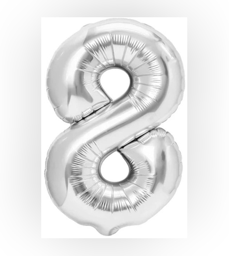 Balon din Folie Metalizata, Flippy, Figurina Cifra, Tema Aniversare 80 cm, Ambalaj Individual, Pai inclus, Umflare cu Aer sau Heliu, Argintiu, Cifra 8