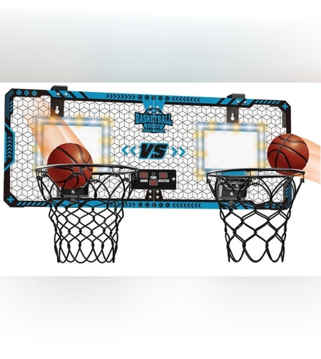 Set 2 Cosuri de Baschet pentru Copii, Flippy, cu Tablou de Bord Electronic, Pentru 2 Jucatori, Minge, Pompa, 2 Moduri, Interior/Exterior, Inel Metalic si Rabatabil cu Arc, Luminos, 60x31x6 cm, Multicolor