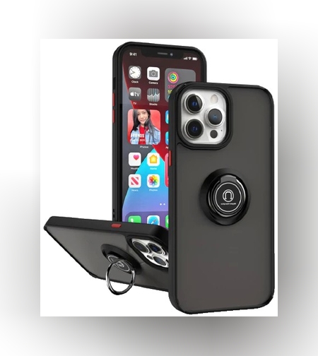 Husa Anti Fall Metal Bracket pentru Apple iPhone 14, Rezistenta la socuri, Margini colorate, Cu inel de prindere magnetic, Flippy, Negru