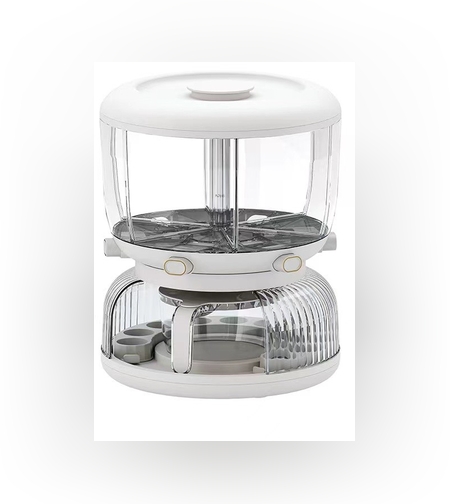 Dozator etajat de cereale Flippy, rotativ 360, 6 compartimente, capacitate 10L, cofrag special pentru oua, vas pentru scurgerea cerealelor, 35x27.5 cm, alb