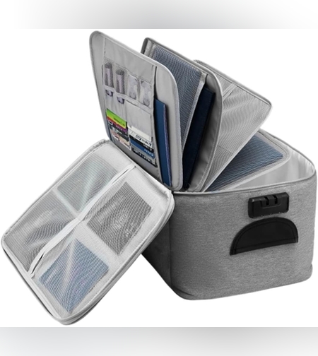 Geanta Flippy pentru Depozitare Acte si Documente, Facturi, Carduri, cu Cod de Securitate, 5 Compartimente, Impermeabila, 37 x 20 x 27 cm, Gri