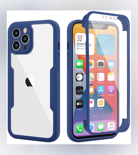 Husa Max Defence pentru iPhone 11 Pro Max 11, Bumper Albastru, Fata Dubla Transparenta, Protectie Antisoc Full 360 ( fata, spate, margini ), Flippy